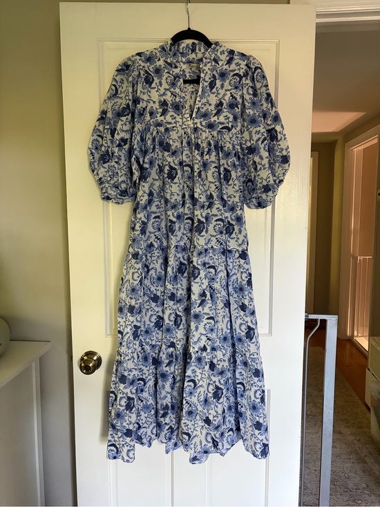 Dresses & Skirts - Blue Floral Maci Dress - Women's Puff Sleeve Tiered Dress
